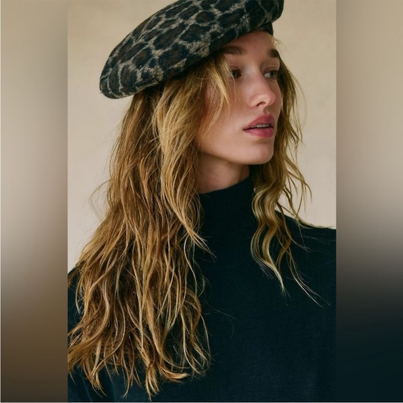 Free people understated leather Leopard Print Beret OS NWOT